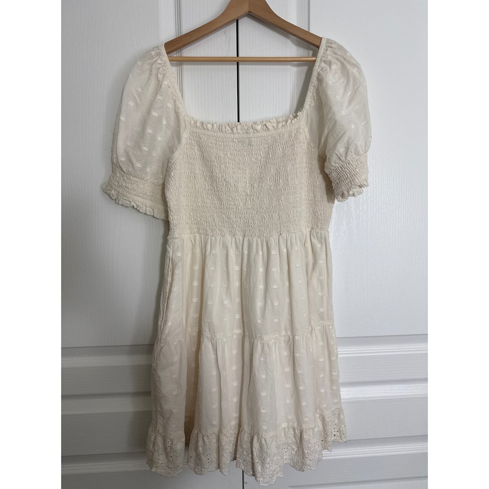 American Eagle Size L Ivory Smocked Eyelet Mini Dress Cottagecore Puff Sleeve - Picture 2 of 10
